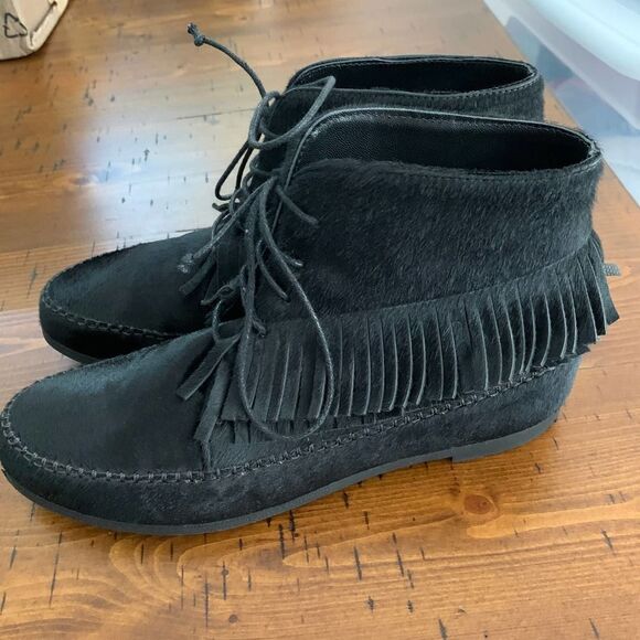 Jenni Kayne Black Suede Fringe Ankle Boots Women’s 36 US 6 Lace Up Made in Italy - Picture 3 of 9